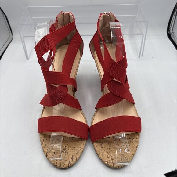 Liz Claiborne Rockelle Red Stretch Wedge Sandals 9M Comfy Chic Back Zip - Picture 4 of 9